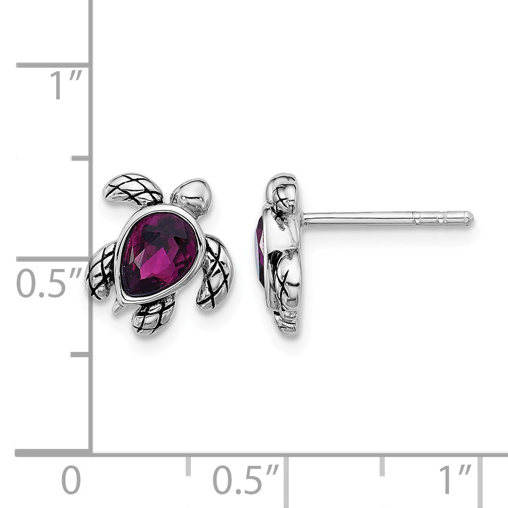 Sterling Silver Rhodium-plated Polished and Antiqued Purple Crystal February Birthstone Turtle Earrings