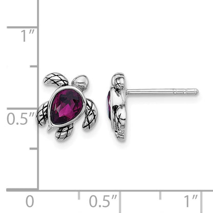 Sterling Silver Rhodium-plated Polished and Antiqued Purple Crystal February Birthstone Turtle Earrings