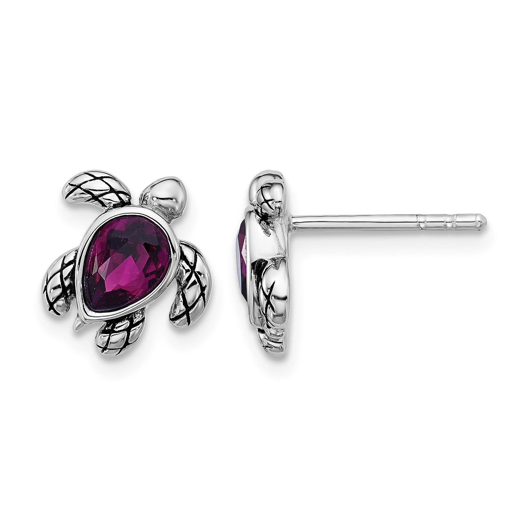 Sterling Silver Rhodium-plated Polished and Antiqued Purple Crystal February Birthstone Turtle Earrings