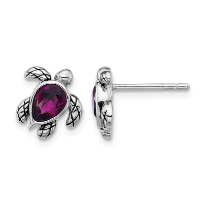 Sterling Silver Rhodium-plated Polished and Antiqued Purple Crystal February Birthstone Turtle Earrings