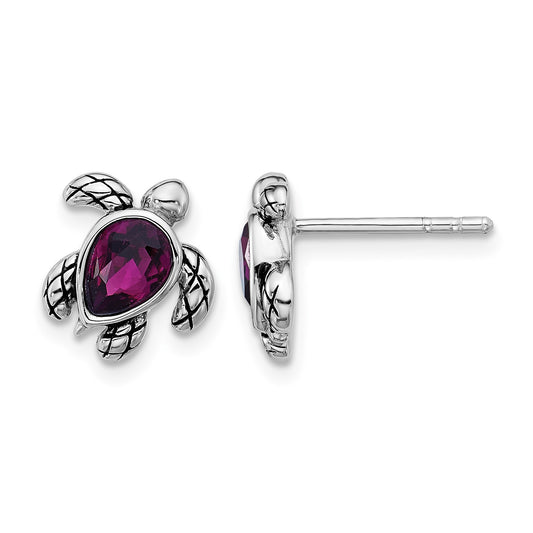 Sterling Silver Rhodium-plated Polished and Antiqued Purple Crystal February Birthstone Turtle Earrings