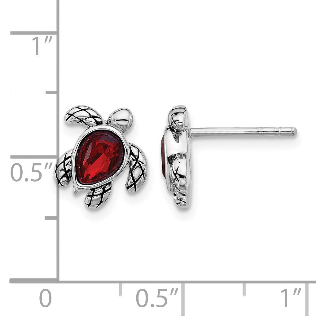 Sterling Silver Rhodium-plated Polished and Antiqued Red Crystal January Birthstone Turtle Earrings