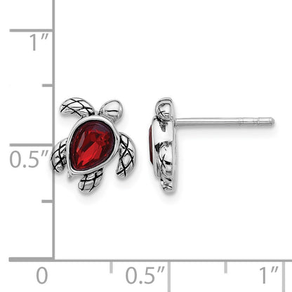 Sterling Silver Rhodium-plated Polished and Antiqued Red Crystal January Birthstone Turtle Earrings