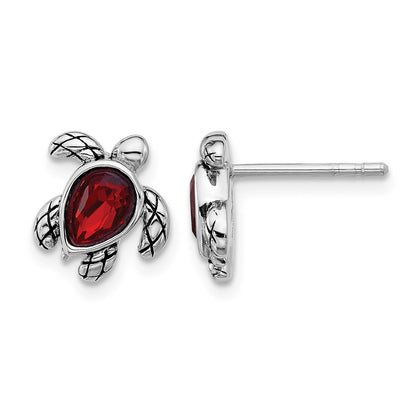 Sterling Silver Rhodium-plated Polished and Antiqued Red Crystal January Birthstone Turtle Earrings