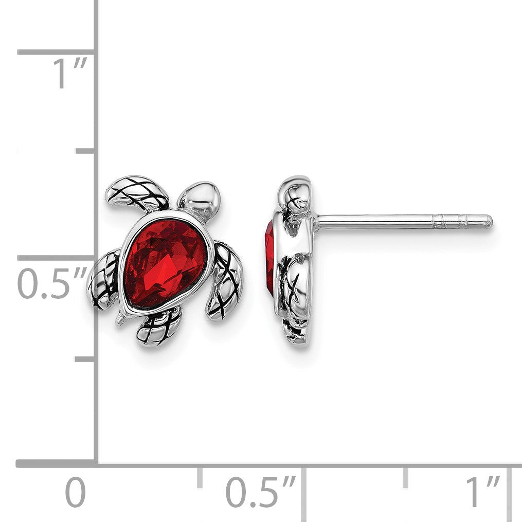 Sterling Silver Rhodium-plated Polished and Antiqued Red Crystal July Birthstone Turtle Earrings