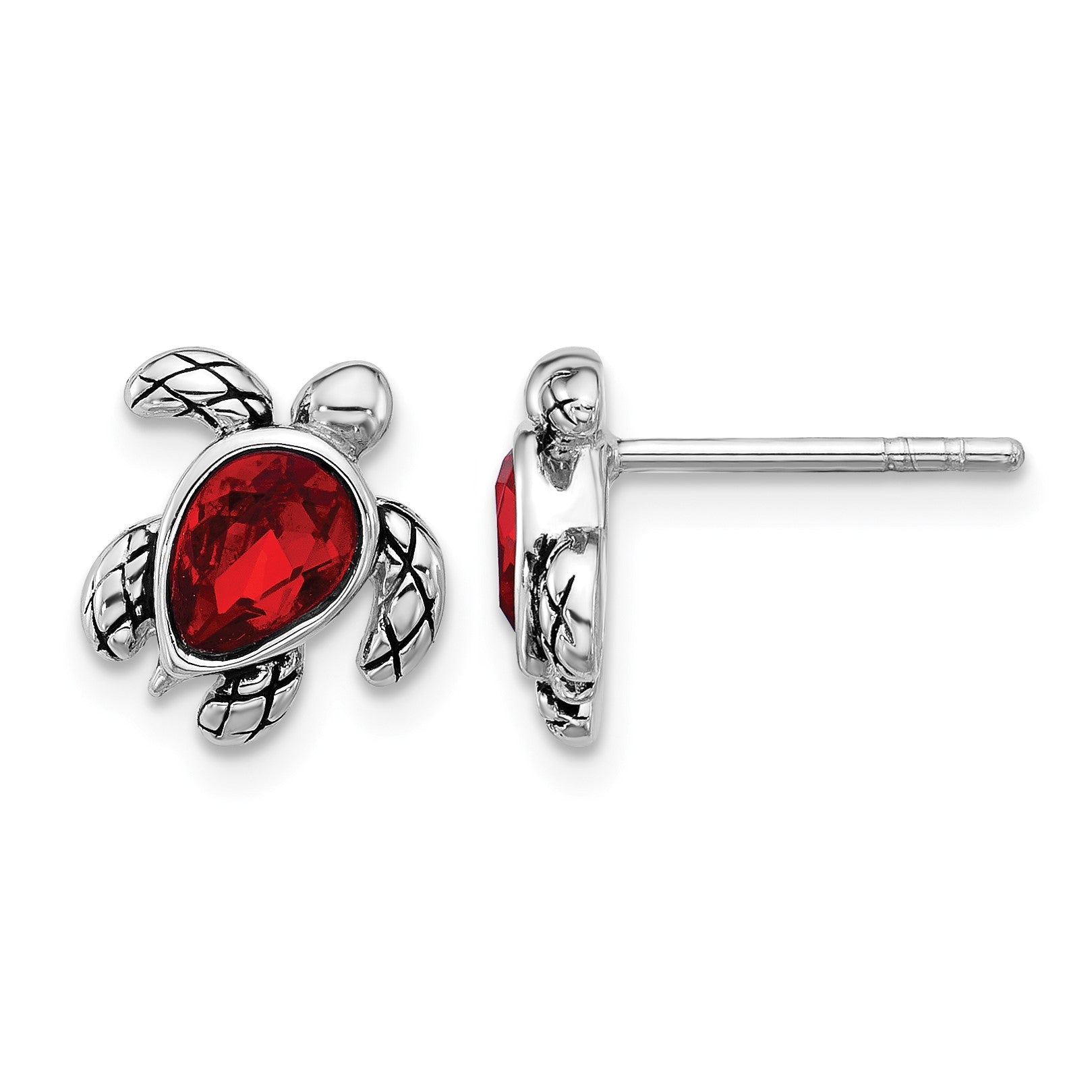 Sterling Silver Rhodium-plated Polished and Antiqued Red Crystal July Birthstone Turtle Earrings