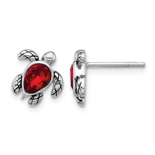 Sterling Silver Rhodium-plated Polished and Antiqued Red Crystal July Birthstone Turtle Earrings