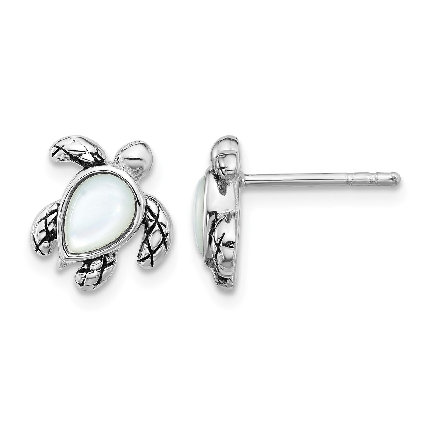 Sterling Silver Rhodium-plated Polished and Antiqued Mother of Pearl June Birthstone Turtle Earrings