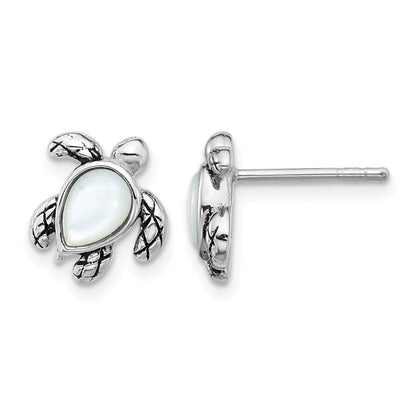 Sterling Silver Rhodium-plated Polished and Antiqued Mother of Pearl June Birthstone Turtle Earrings