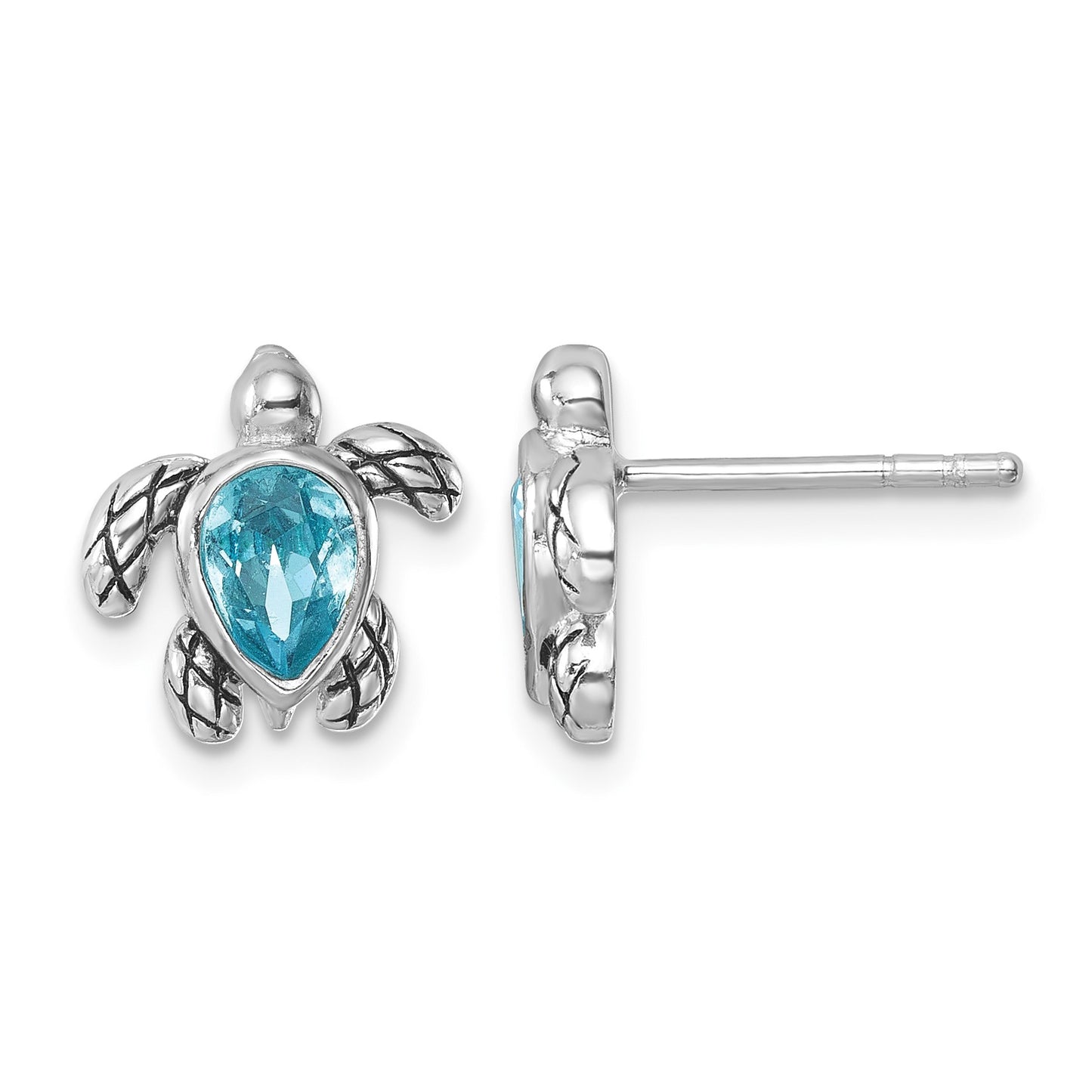 Sterling Silver Rhodium-plated Polished and Antiqued Blue Crystal March Turtle Post Earrings