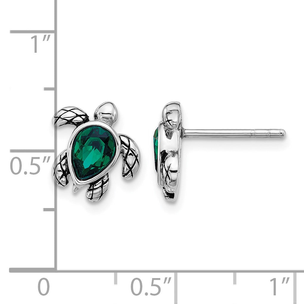 Sterling Silver Rhodium-plated Polished and Antiqued Green Crystal May Birthstone Turtle Earrings