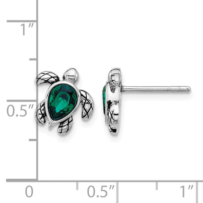 Sterling Silver Rhodium-plated Polished and Antiqued Green Crystal May Birthstone Turtle Earrings