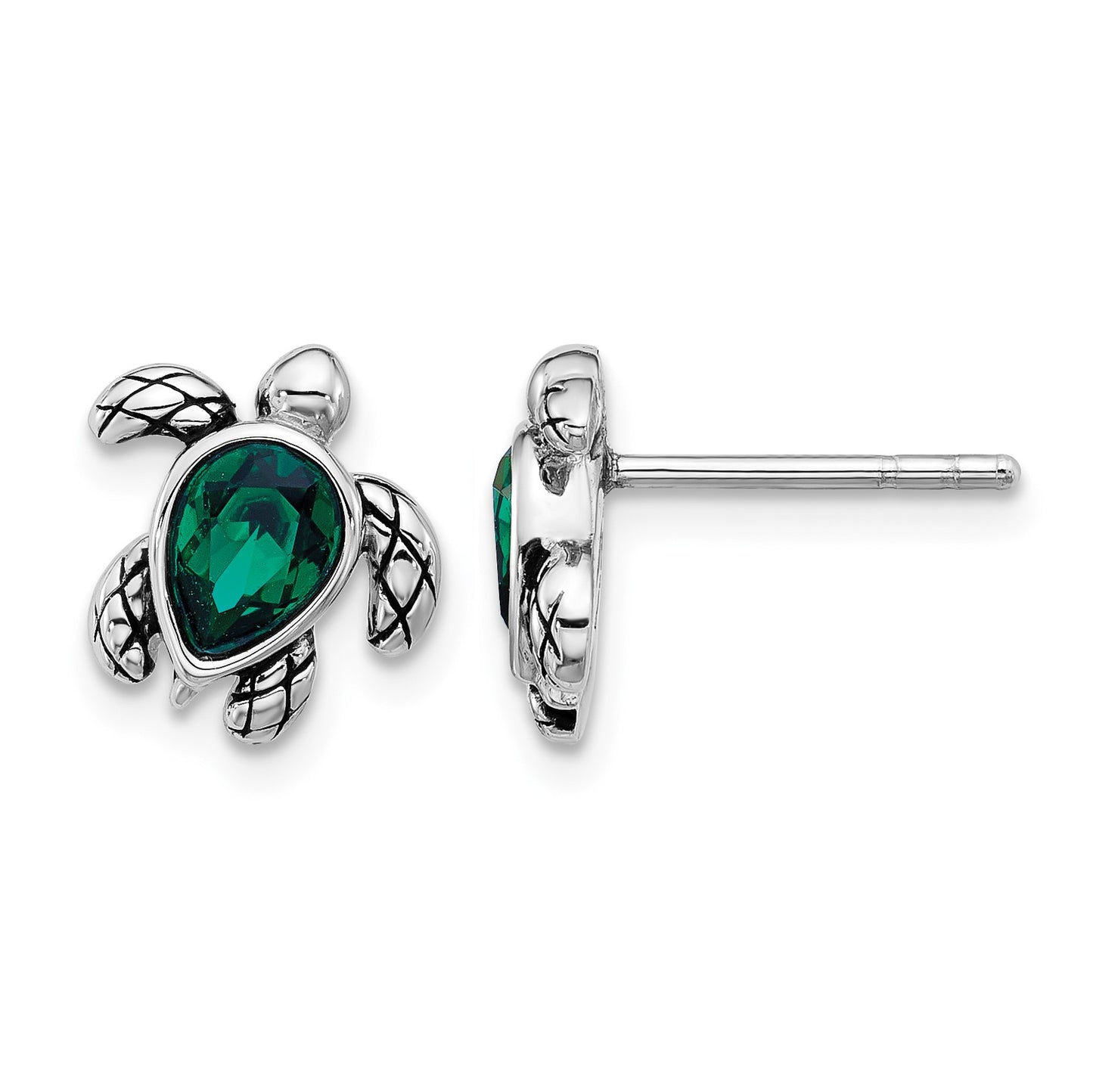 Sterling Silver Rhodium-plated Polished and Antiqued Green Crystal May Birthstone Turtle Earrings