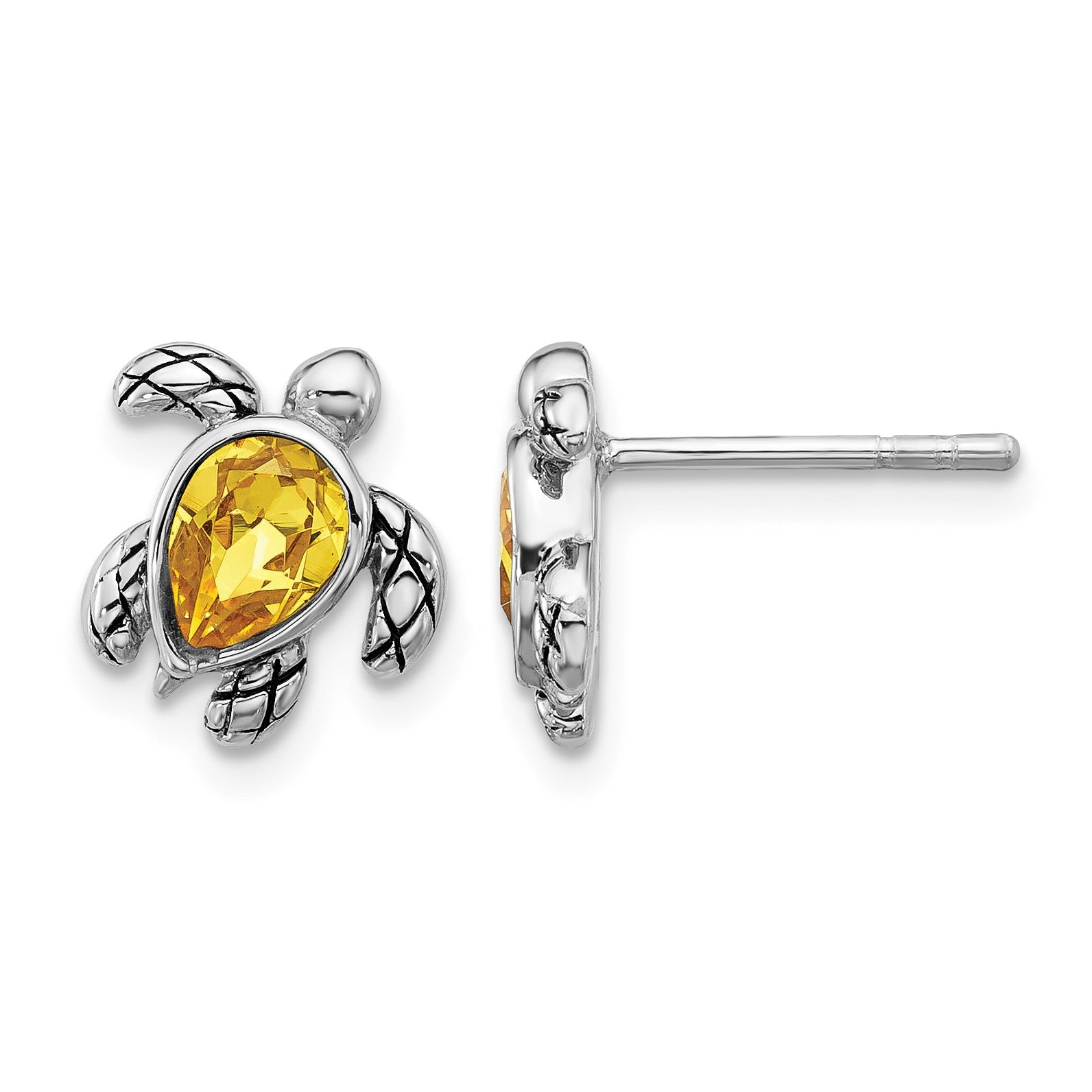 Sterling Silver Rhodium-plated Polished and Antiqued Yellow Crystal November Birthstone Turtle Earrings