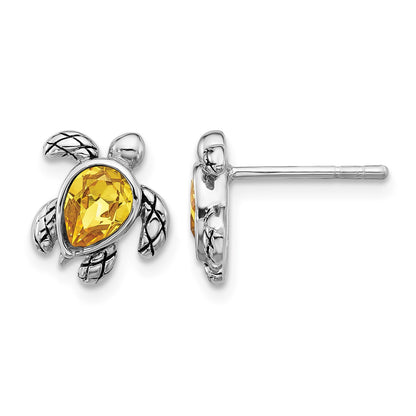 Sterling Silver Rhodium-plated Polished and Antiqued Yellow Crystal November Birthstone Turtle Earrings