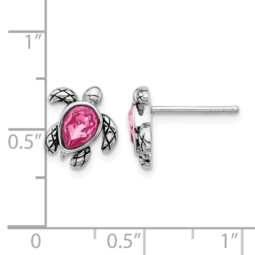 Sterling Silver Rhodium-plated Polished and Antiqued Pink Crystal October Birthstone Turtle Earrings