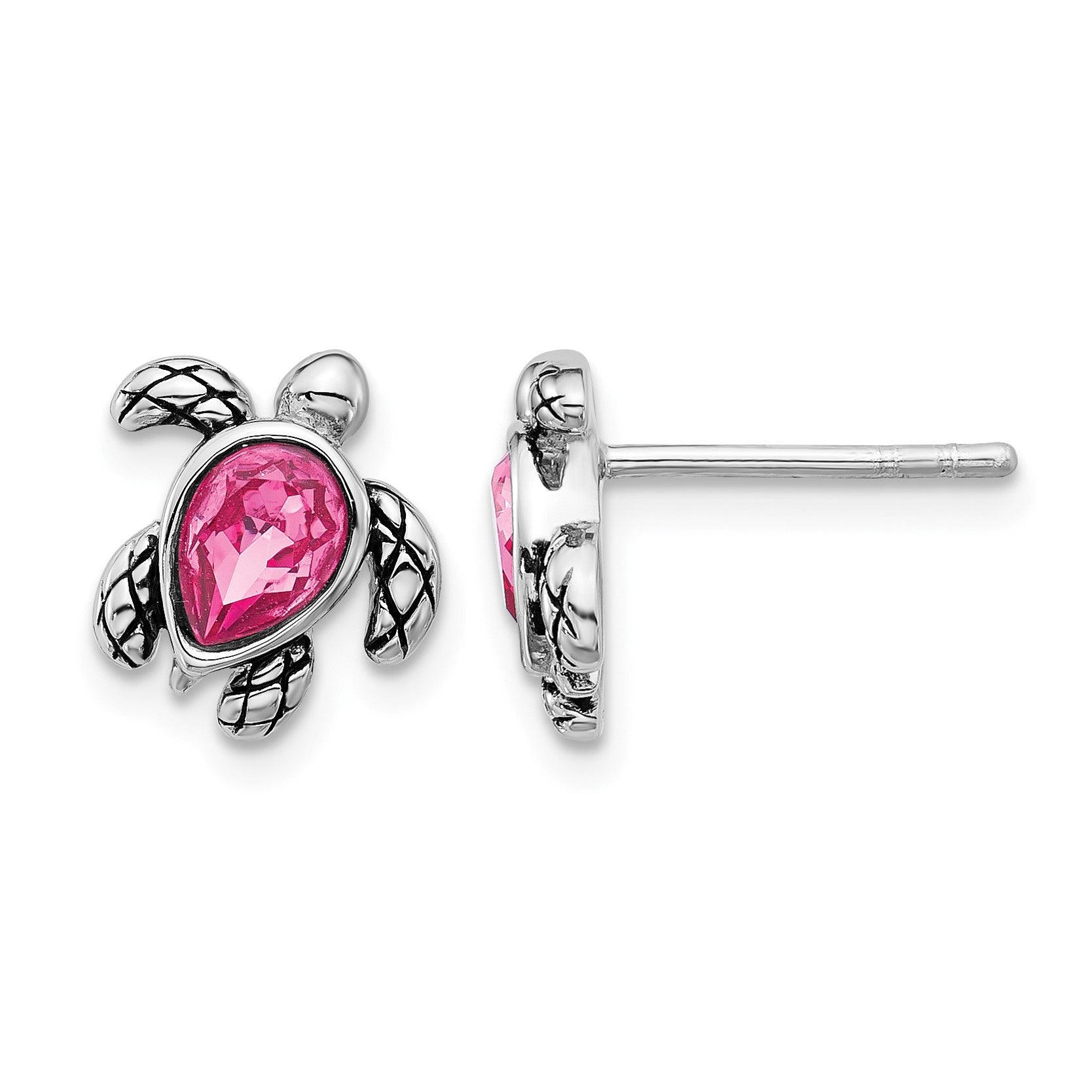 Sterling Silver Rhodium-plated Polished and Antiqued Pink Crystal October Birthstone Turtle Earrings