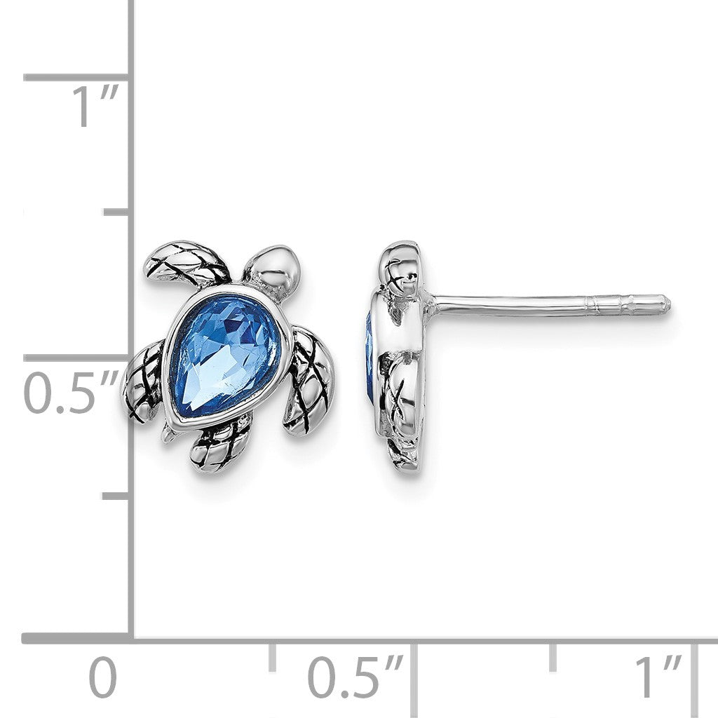 Sterling Silver Rhodium-plated Polished Antiqued Blue Crystal September Birthstone Turtle Earrings