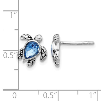 Sterling Silver Rhodium-plated Polished Antiqued Blue Crystal September Birthstone Turtle Earrings