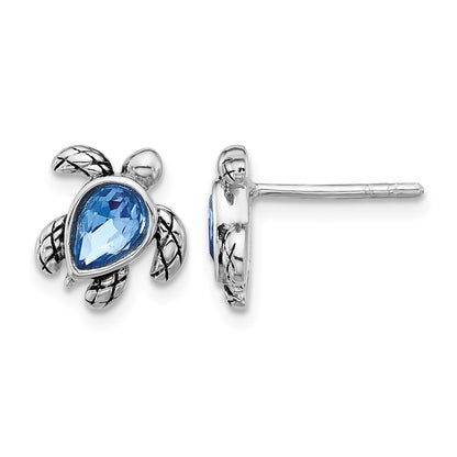 Sterling Silver Rhodium-plated Polished Antiqued Blue Crystal September Birthstone Turtle Earrings