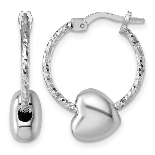 Sterling Silver Rhodium-plated Twisted Diamond-cut with Puffed Heart Bead Hoop Earrings