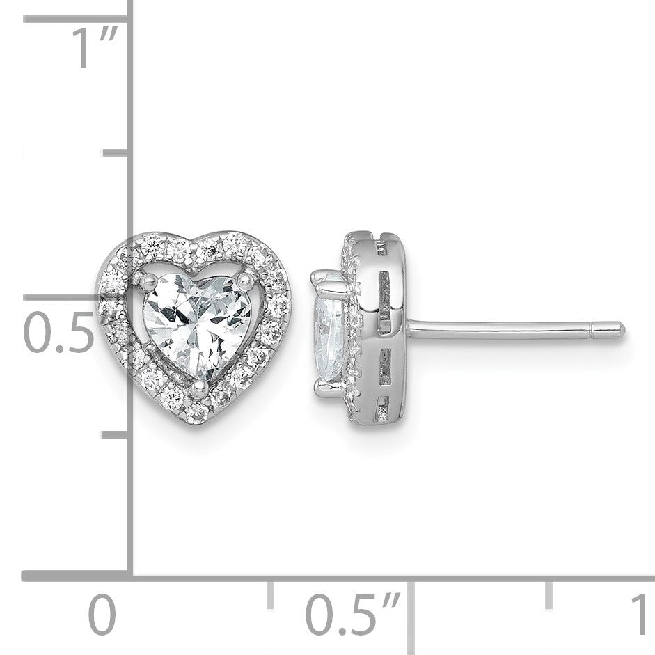 Sterling Silver Rhodium-plated Polished 9.0mm Heart Halo CZ Post Earrings