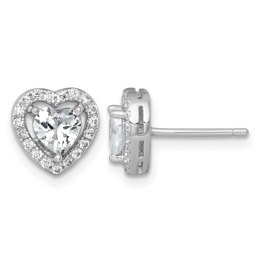 Sterling Silver Rhodium-plated Polished 9.0mm Heart Halo CZ Post Earrings