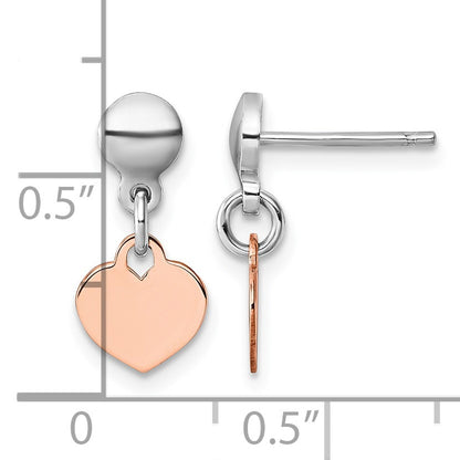 Sterling Silver Rhodium-plated Rose Gold-plated Heart Disc Dangle Post Earrings
