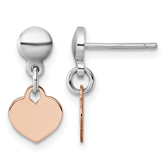 Sterling Silver Rhodium-plated Rose Gold-plated Heart Disc Dangle Post Earrings
