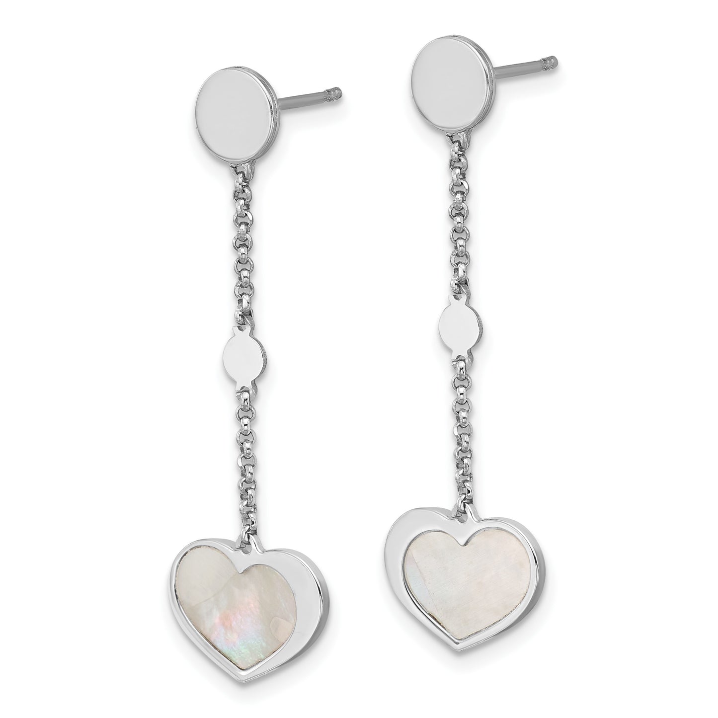 Sterling Silver Rhodium-plated Mother of Pearl Heart and Chain Post Dangle Earrings