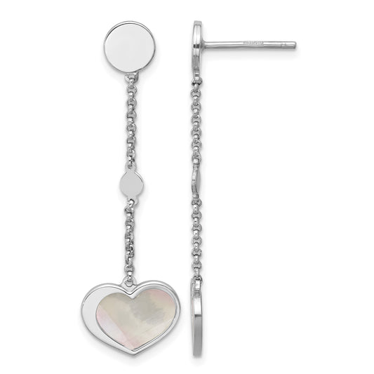 Sterling Silver Rhodium-plated Mother of Pearl Heart and Chain Post Dangle Earrings