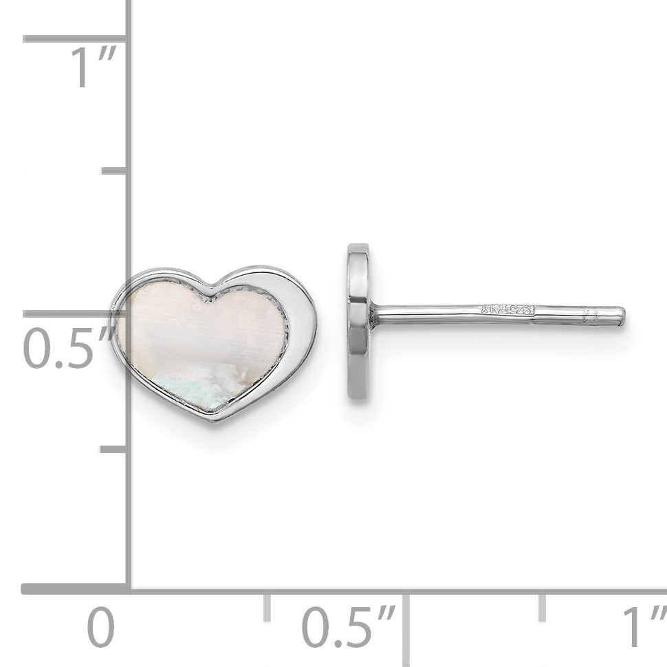 Sterling Silver Rhodium-plated Mother of Pearl Heart Post Earrings