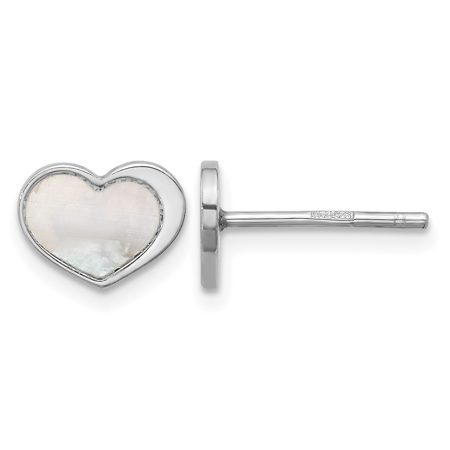 Sterling Silver Rhodium-plated Mother of Pearl Heart Post Earrings