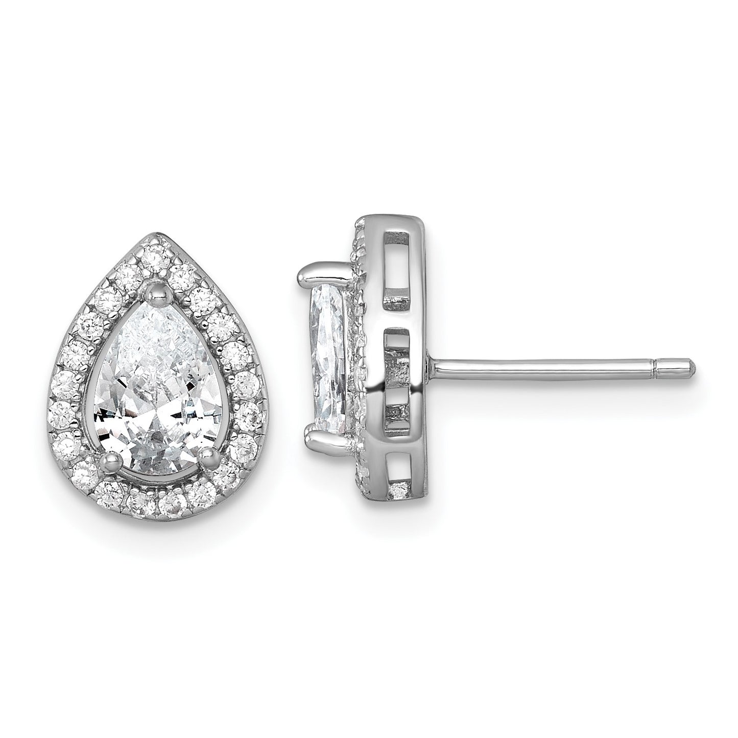 Sterling Silver Rhodium-plated Polished 11.0 x 9.0mm Pear CZ Halo Teardrop Post Earrings