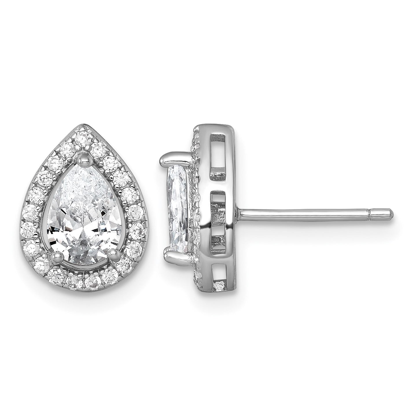 Sterling Silver Rhodium-plated Polished 11.0 x 9.0mm Pear CZ Halo Teardrop Post Earrings