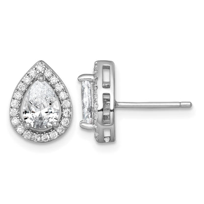 Sterling Silver Rhodium-plated Polished 11.0 x 9.0mm Pear CZ Halo Teardrop Post Earrings