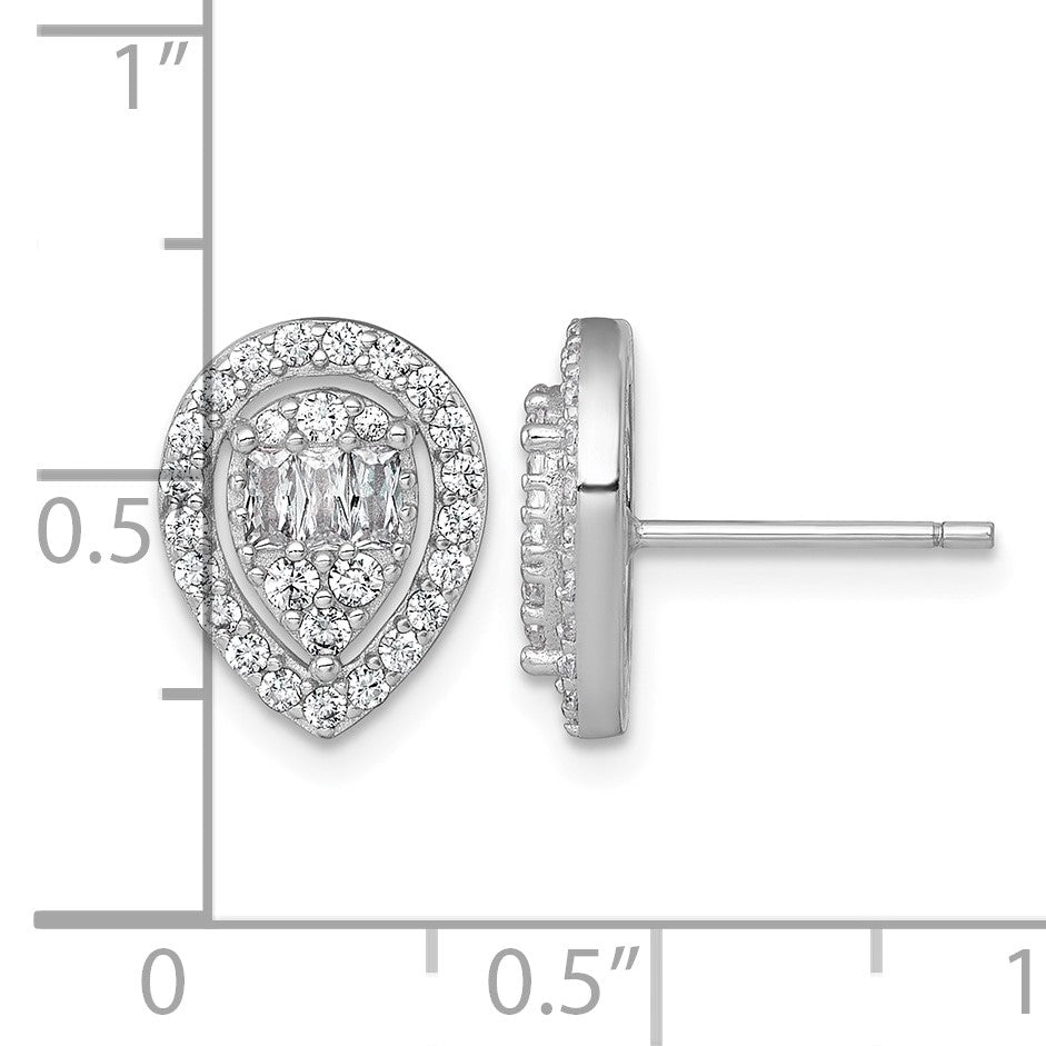 Sterling Silver Rhodium-plated Polished Fancy CZ Teardrop Halo Post Earrings