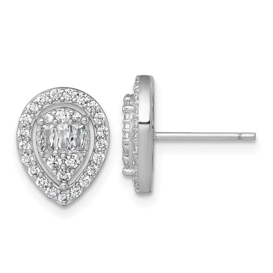 Sterling Silver Rhodium-plated Polished Fancy CZ Teardrop Halo Post Earrings