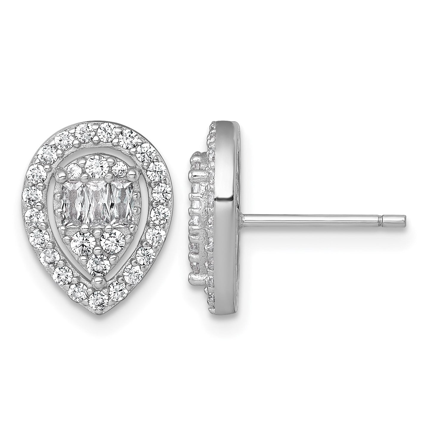 Sterling Silver Rhodium-plated Polished Fancy CZ Teardrop Halo Post Earrings