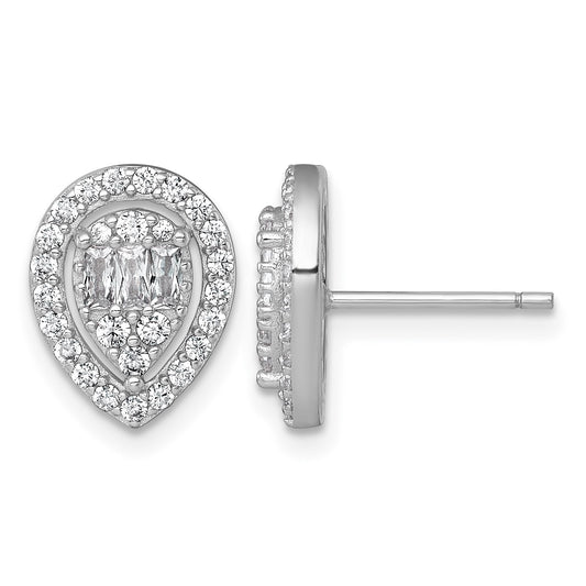 Sterling Silver Rhodium-plated Polished Fancy CZ Teardrop Halo Post Earrings