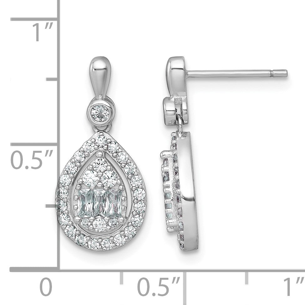 Sterling Silver Rhodium-plated Polished Fancy CZ Teardrop Halo Dangle Post Earrings