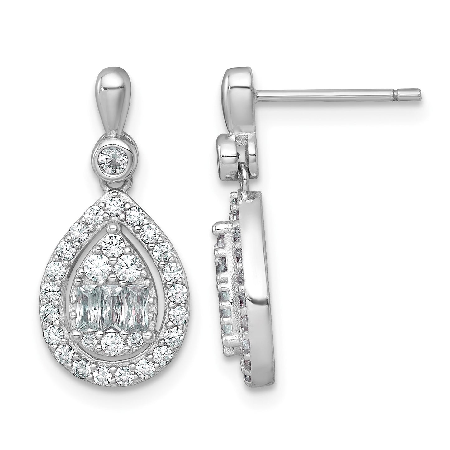 Sterling Silver Rhodium-plated Polished Fancy CZ Teardrop Halo Dangle Post Earrings