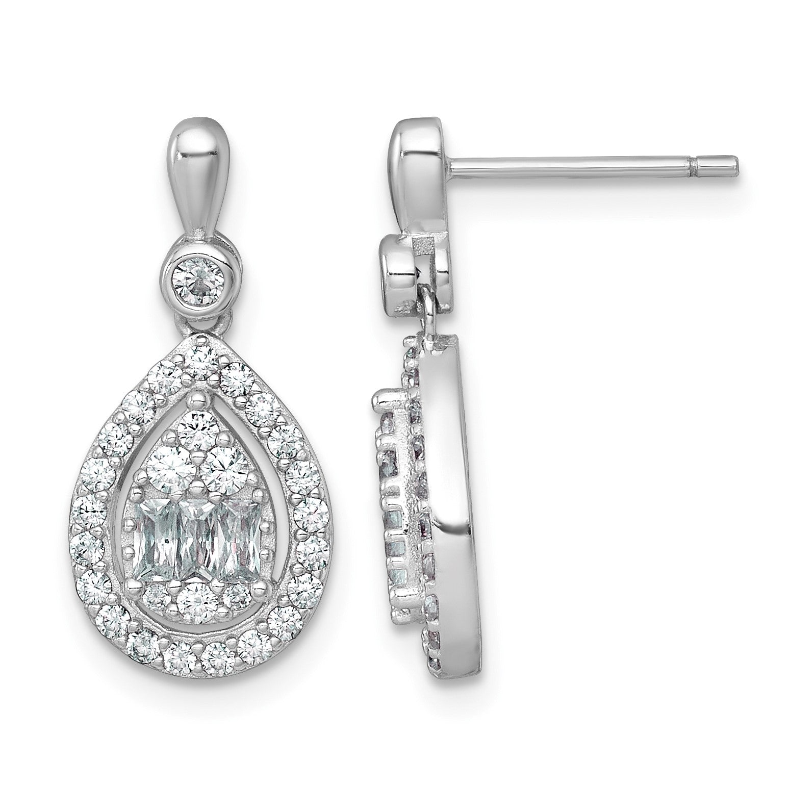 Sterling Silver Rhodium-plated Polished Fancy CZ Teardrop Halo Dangle Post Earrings