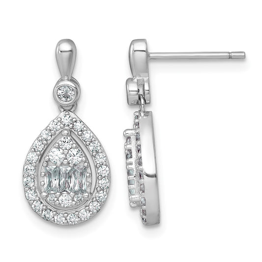 Sterling Silver Rhodium-plated Polished Fancy CZ Teardrop Halo Dangle Post Earrings
