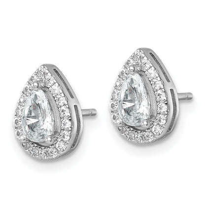 Sterling Silver Rhodium-plated Polished 10.0 x 7.0mm Pear CZ Halo Teardrop Post Earrings