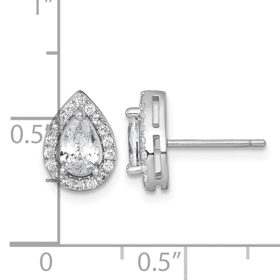 Sterling Silver Rhodium-plated Polished 10.0 x 7.0mm Pear CZ Halo Teardrop Post Earrings