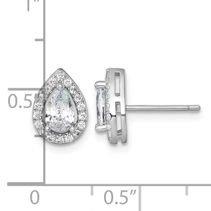 Sterling Silver Rhodium-plated Polished 10.0 x 7.0mm Pear CZ Halo Teardrop Post Earrings
