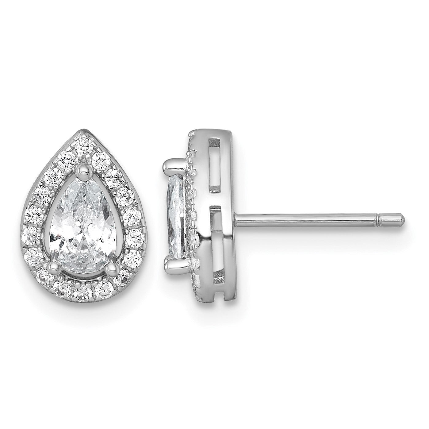 Sterling Silver Rhodium-plated Polished 10.0 x 7.0mm Pear CZ Halo Teardrop Post Earrings