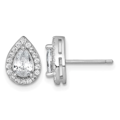 Sterling Silver Rhodium-plated Polished 10.0 x 7.0mm Pear CZ Halo Teardrop Post Earrings