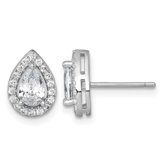 Sterling Silver Rhodium-plated Polished 10.0 x 7.0mm Pear CZ Halo Teardrop Post Earrings